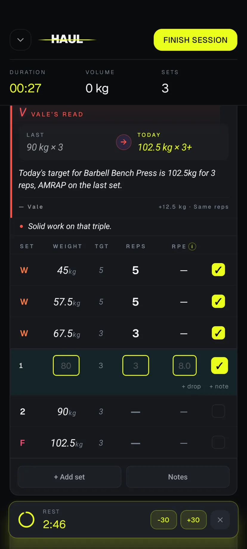HAUL active workout: Vale's read on today's bench target, live set table, rest timer